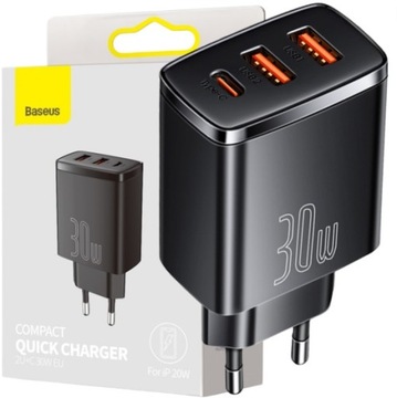 BASEUS COMPACT SZYBKA ŁADOWARKA 2X USB / USB TYP C 30W 3A