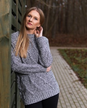 C&A Luźny Kobiecy Melanżowy Sweter Granatowy Biały Oversize Warkocz L 40