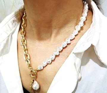 Naszyjnik elegancki damski złoty choker łańcuch z perłami zawieszka