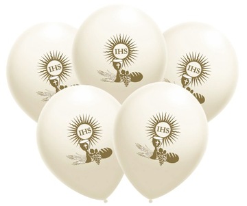 Balony Białe na Komunię Święta KOMUNIA IHS 5szt.