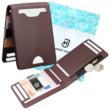 Skórzany portfel męski Elegancki Poziomy Pojemny Slim 1,5 cm RFID Brązowy