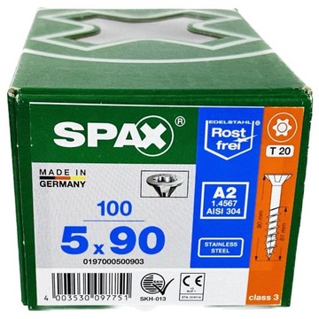 Wkręty uniwersalne nierdzewne, stal szlachetna A2, 5 x 90mm SPAX 100szt