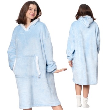 KOC BLUZA Oversize Jednolita Gruba KOCOBLUZA XXL BŁĘKITNA Futrzak Kaptur