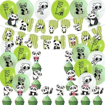 ZESTAW DEKORACJI URODZINOWYCH DLA DZIECKA PANDA BALONY BANER TOPPERY