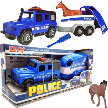 POLICYJNY JEEP Z PRZYCZEPĄ do rozkręcania WÓZ ZESTAW AUTO FIGURKA KOŃ