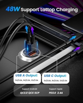 Зарядное устройство для автомобильного прикуривателя 12В USB-C и USB-A, маленькое, быстрое, металлическое