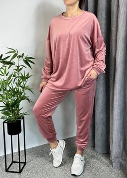 Dresy damskie welurowe komplet dresowy plus size różowy 46-52