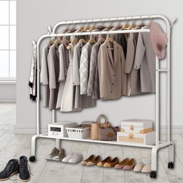 Большая ВЕШАЛКА ДЛЯ ОДЕЖДЫ стоячая двойная тумба белая на КОЛЕСАХ ШИРИНА 130см