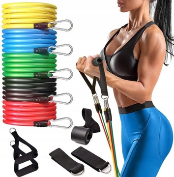 ZESTAW 5 GUM FITNESS GUMY OPOROWE DO ĆWICZEŃ Z RĄCZKĄ I UCHWYTAMI