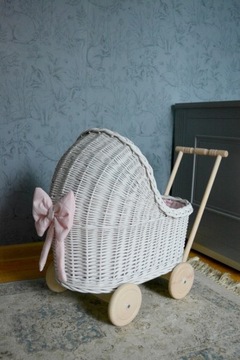 Плетеная коляска для кукол, БЕЛАЯ толкалка + постельное белье