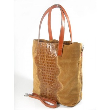 WŁOSKA SKÓRZANA TOREBKA SHOPPER BAG SKÓRA KROKODYL A4 CAMEL SB5C