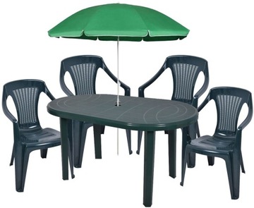 4+1 ПЛАСТИКОВЫЙ ЗЕЛЕНЫЙ НАБОР ИЗ ЯРКИХ СТУЛЬЕВ СТОЛ-ЗОНТИК