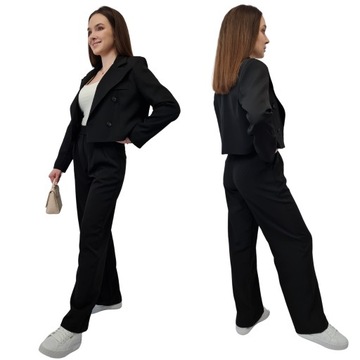 Современный ЖЕНСКИЙ КОСТЮМ, черный, короткая куртка и широкие брюки, размер М