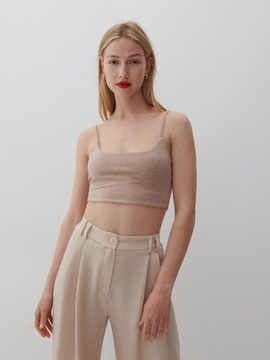 Reserved dzianinowy crop top krótki beżowy na ramiączkach XS 34