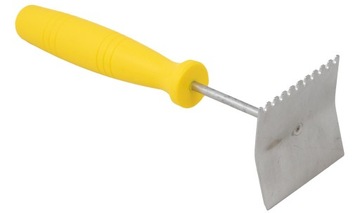 Скребок для решетки из нержавеющей стали с пластиковой ручкой.