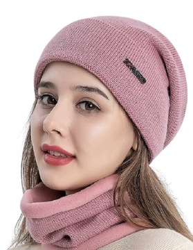 ZESTAW ZIMOWY DAMSKI CZAPKA KOMIN POLAR RÓŻ