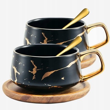 2 Filiżanki do Espresso Czarno Złote 300 ml Spodek
