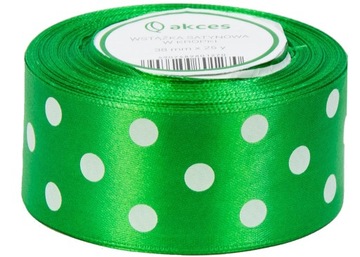 WSTĄŻKA satynowa kropki grochy tasiemka 38 mm/22 mb ZIELONY