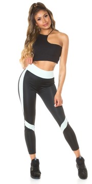 W708 MIĘTOWE zielone CZARNE LEGGINSY FITNESS WYSoki STAN damskie 36 38 S/M