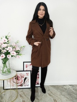 KLSYCZNY JESIENNY DŁUGI PŁASZCZ Z PASKIEM BRĄZOWY