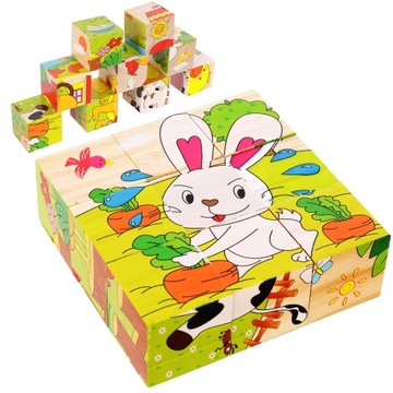 DREWNIANE KLOCKI 6w1 DREWNIANA UKŁDANKA EDUKACYJNE PUZZLE 6 OBRAZKÓW