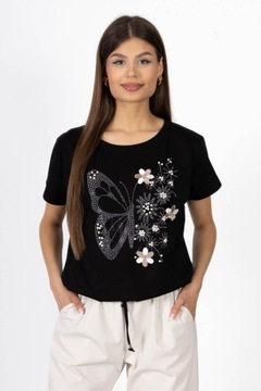T-shirt na krótki rękaw z kwiatem Megi Czarny - L/XL