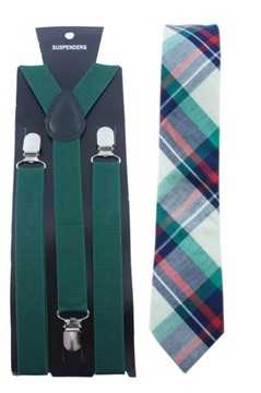Szelki do spodni + krawat W KRATĘ zielony męski na wesele komunię imprezę