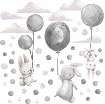 Naklejki na ścianę KRÓLICZKI I BALONY SZARE