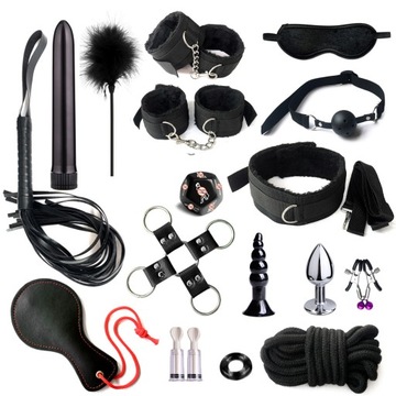 XXL ZESTAW ZABAWEK SEX GADŻETY - KAJDANKI BAT OBROŻA ZACISKI KNEBEL BDSM