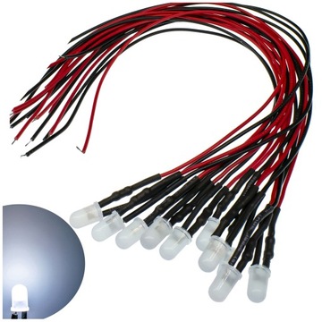 DIODY LED 12V MAT 3mm BIAŁE ZIMNE przewód 20cm x10
