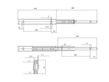 Prowadnica kulkowa do szuflad szaf metalowych pełen wysuw stoper 80kg L-450