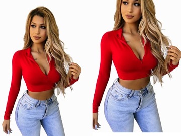 BORDOWY TOP TOPIK krótka BLUZKA Długi RĘKAW Dekolt regulowany ZAMKIEM XS/S