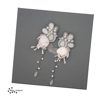 СВАДЕБНЫЕ СУТАЖНЫЕ СЕРЬГИ СЕРЕБРЯНЫЕ БЕЛЫЕ БОХО ЦВЕТЫ