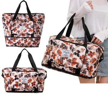 TORBA DUŻA PODRÓŻNA SPORTOWA SKŁADANA BRĄZOWA KWIATY PODRĘCZNA BAGAŻ