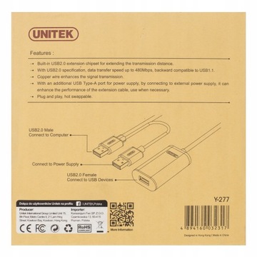 Удлинительный кабель UNITEK Active USB A 2.0, 5 м