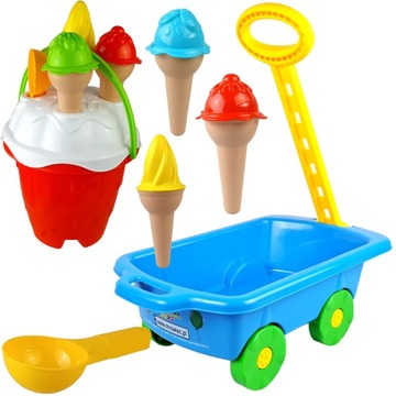 ZESTAW WÓZEK Z RĄCZKĄ FOREMKI LODY WIADERKO DO PIASKU TACZKA