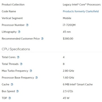 Процессор Intel i7-720QM 1,6 ГГц