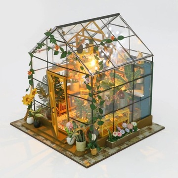 Miniaturowy domek DIY Kolorowa szklarnia Ogród Słońce Kwiaty
