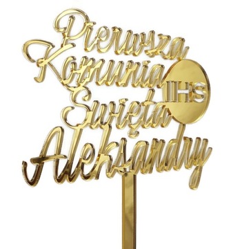 Topper złoty na komunie z imieniem na tort Komunia Święta IMIĘ złote lustro