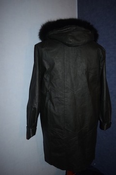 Lulu Piękny płaszcz skórzany czarny prawie nowy z kapturem_48