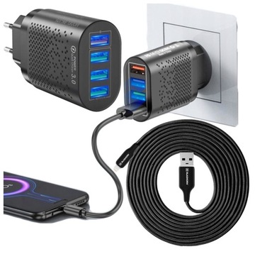 ŁADOWARKA ZASILACZ SIECIOWY DO ŁADOWANIA 4USB QC 3.0 KABEL DO IPHONE 1,8M