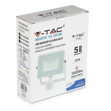 Projektor LED V-TAC 20W SAMSUNG CHIP Czujnik Ruchu Funkcja Cut-OFF Biały VT