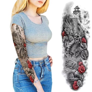 DUŻY TATUAŻ ZMYWALNY TYMCZASOWY RĘKAW NA CAŁĄ RĘKĘ SAMURAI SMOK RÓŻE XXL