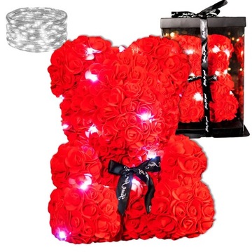 МЕДВЕДЬ С РОЗАМИ 30 СМ РОЗА МИШКА С ЛЕТЕСТЯМИ РОЗ БАНТ ПОДАРОЧНАЯ КОРОБКА+20LED