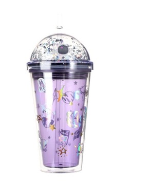 KUBEK ZE SŁOMKĄ I POKRYWKĄ 450ML KOSMOS FIOLETOWY