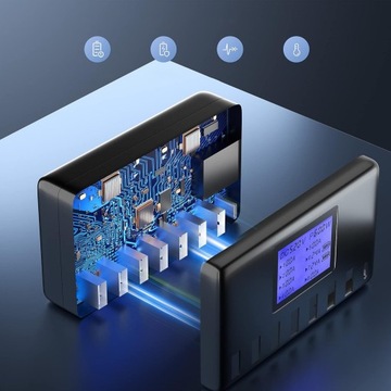 ПРОФЕССИОНАЛЬНАЯ ЗАРЯДНАЯ СТАНЦИЯ-ХАБ, ЖК-ДИСПЛЕЙ, 8 ПОРТОВ, USB TYPE-C, 60 Вт