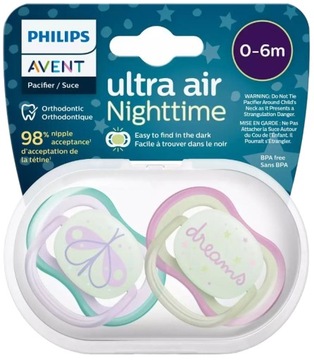 Пустышки AVENT 2 ULTRA AIR NIGHT TIME SCF376/19 СВЕТЯТСЯ В ТЕМНОТЕ ДЛЯ ДЕТЕЙ 0–6 МН