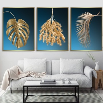 3 X PLAKAT TRYPTYK ZŁOTE LIŚCIE MONSTERA A2 40X50