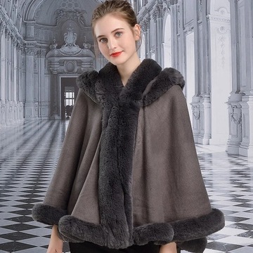 Women Faux Fur Neck Winter Poncho Overcoat Cape Th
