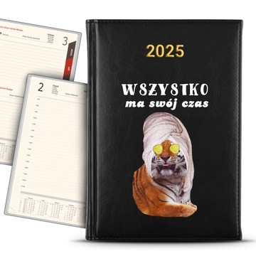 KALENDARZ 2025 CZARNY Planer Terminarz Roczny Tygrysy Abstrakcja Plan Wzory